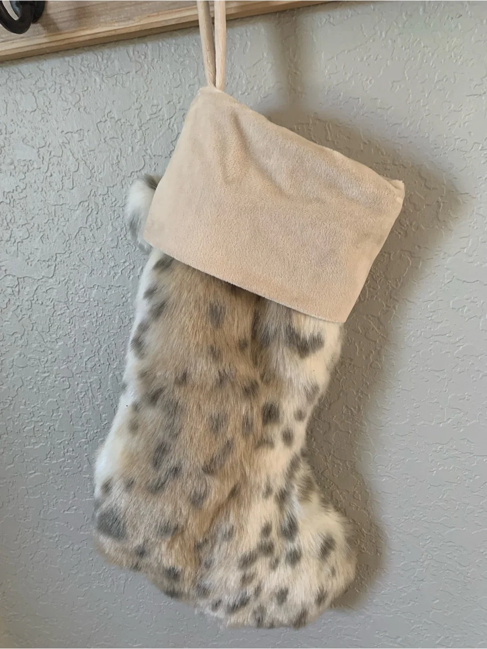 Pottery Barn Teen Faux Fur Holiday Stocking in Cream and Tan Leopard pattern